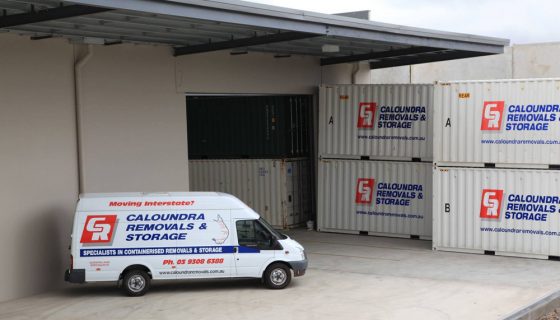 Parked van near large storage containers for moving
